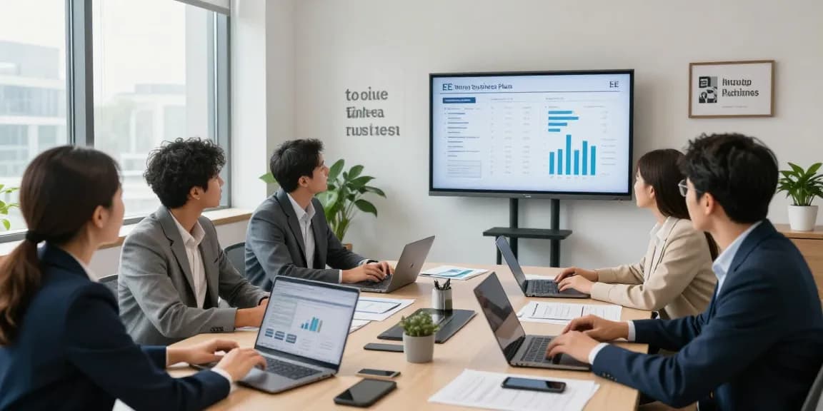 Team discussing EE vs Three business plans in a modern office setting, showcasing collaborative energy and data analysis.
