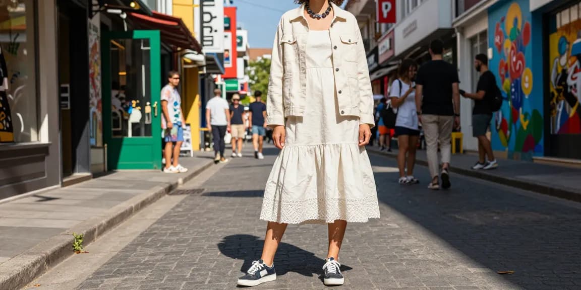 Fashion model in ROKOK88 attire showcasing cotton and linen fabrics in vibrant urban setting.