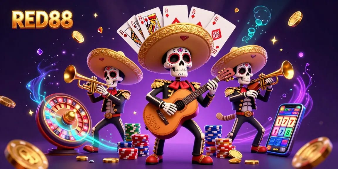 Experience winning at RED88 with vibrant mariachi band amidst golden coins and casino elements.