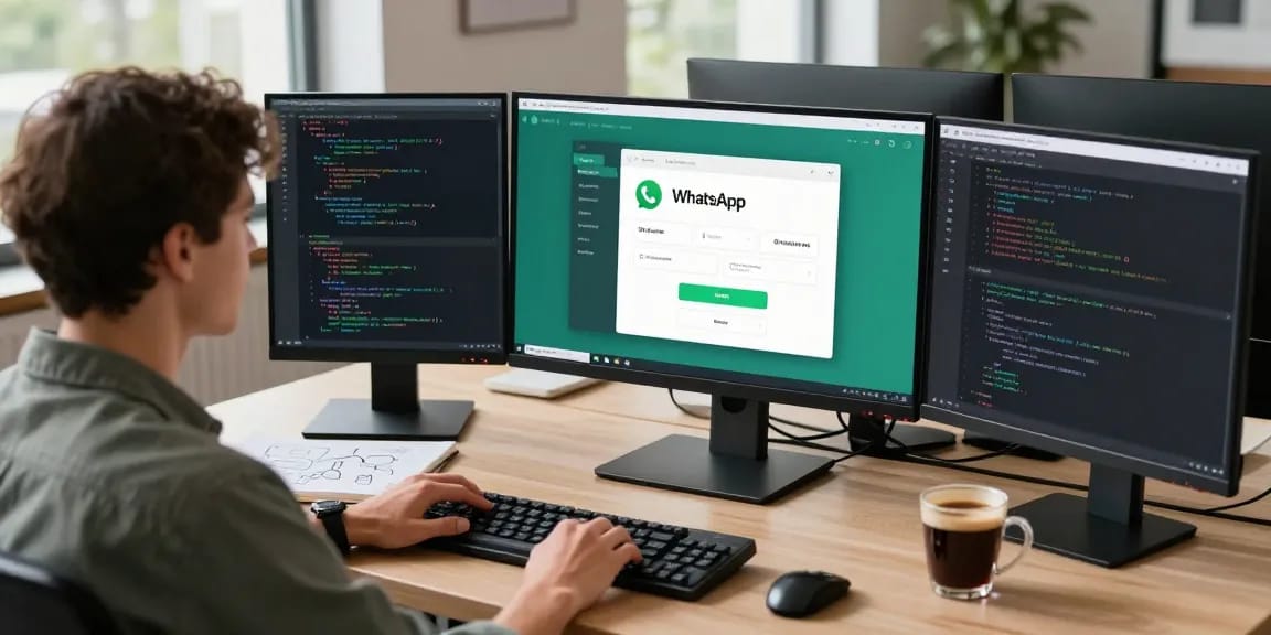 User engaging with WhatsApp網頁版 on a large monitor in a modern tech workspace, showcasing a productive environment with dual screens.