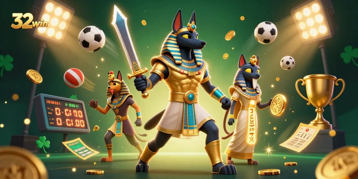 Experience thrilling games with 32win's vibrant casino setting featuring ancient Egyptian characters.