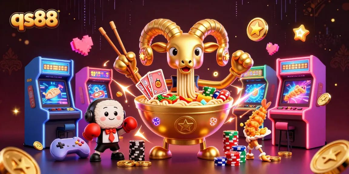 Experience the excitement of qs88 with a dynamic 3D scene featuring unique cartoon characters in a vibrant casino setting.