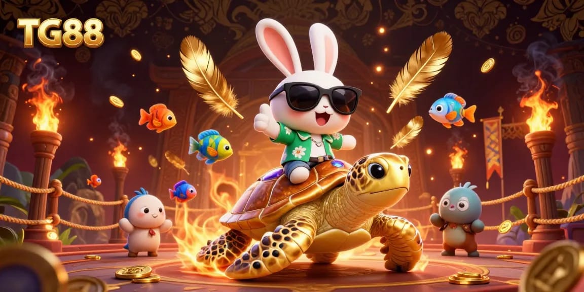 Win big with the TG88 casino featuring a lucky rabbit and golden turtle in a vibrant 3D scene.