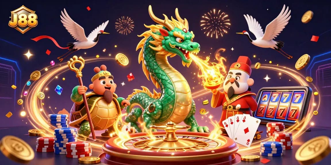 Engage with J88's vibrant casino illustration showcasing luck with dragons and prosperity symbols.
