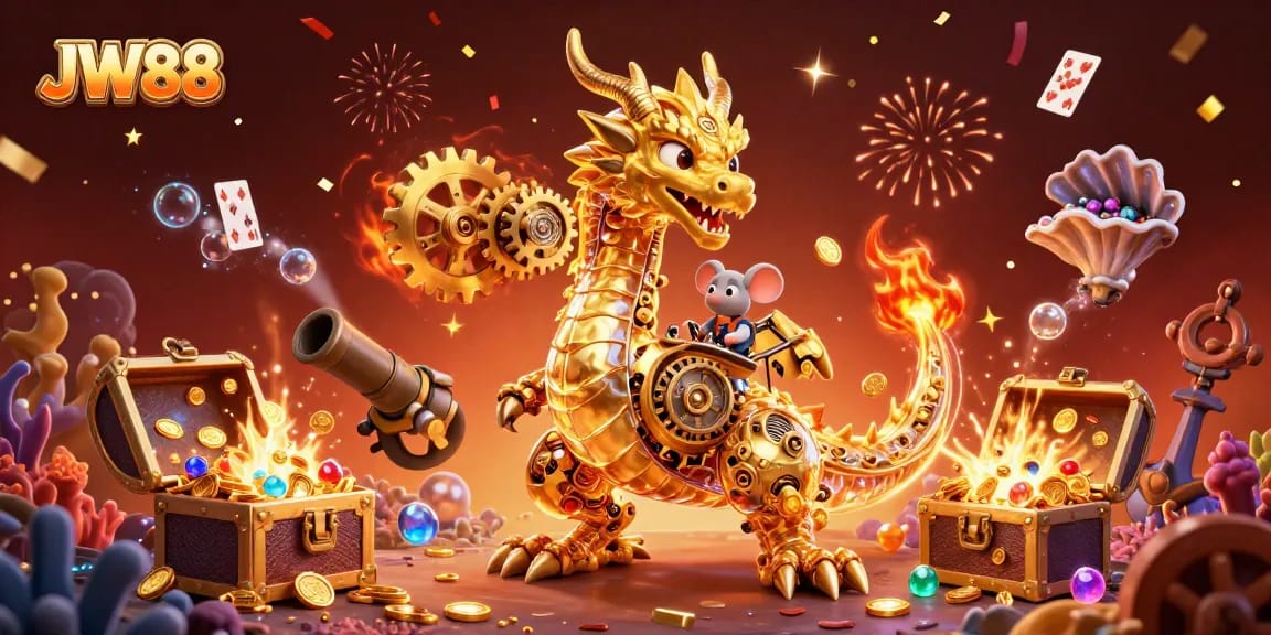 Experience thrilling gaming action at JW88 with vibrant 3D illustrations of dynamic casino elements.