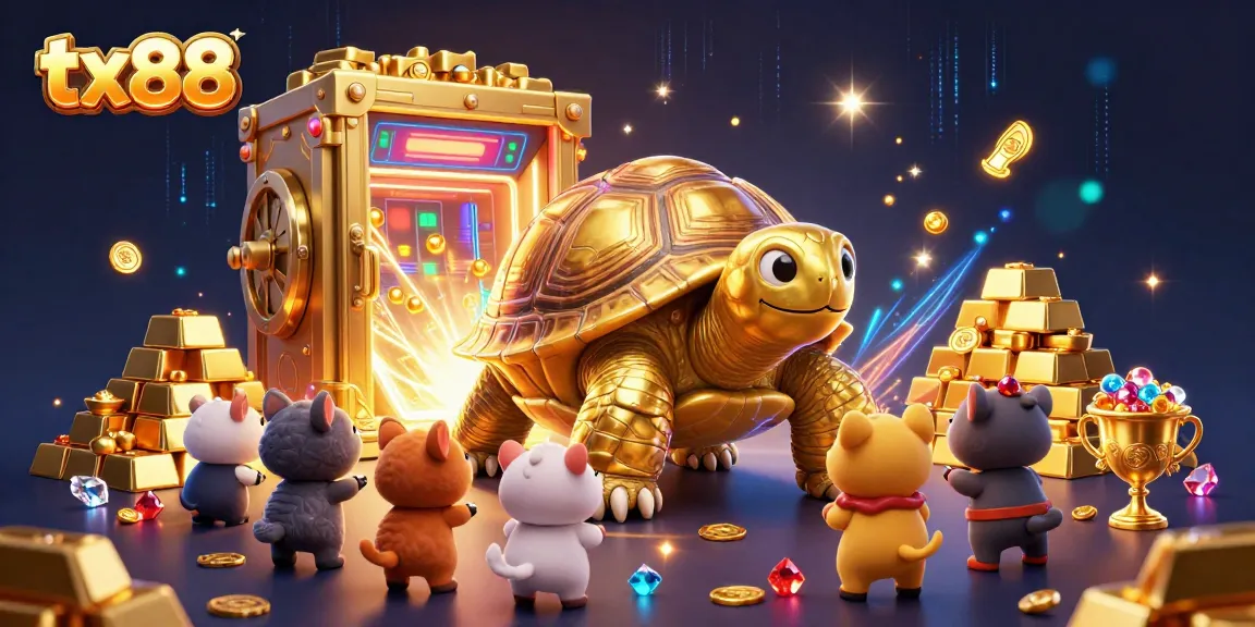 Experience the thrill of tx88 casino gaming illustrated with a golden tortoise and dazzling treasures.