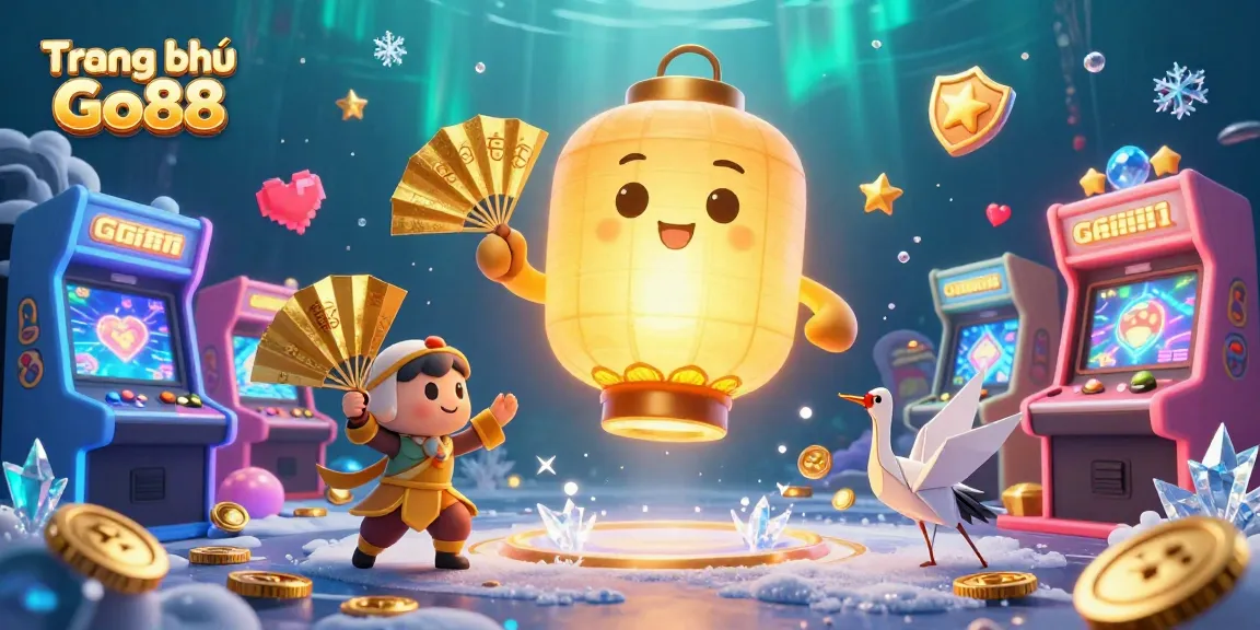 Engage with Trang chủ Go88's lively casino atmosphere featuring a golden lantern spirit and gaming elements.