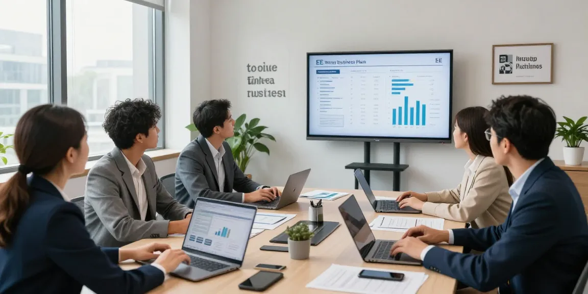 Team discussing EE vs Three business plans in a modern office setting, showcasing collaborative energy and data analysis.