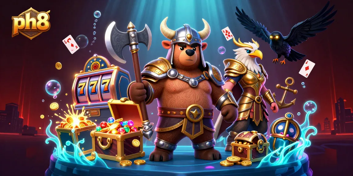 Experience thrilling ph8 slot adventures with Viking characters surrounded by gold coins and glowing elements.