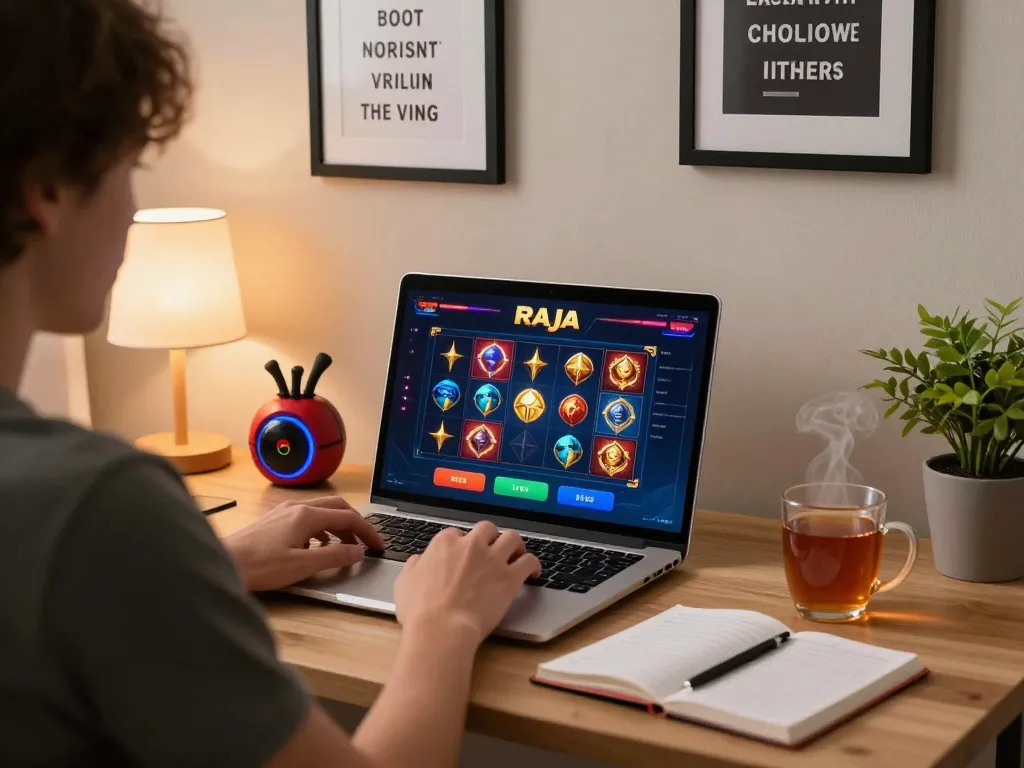 Engaging online gameplay of raja slot in a cozy home office, highlighting strategic gaming elements.
