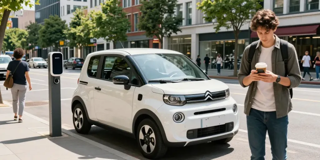 Noleggio lungo termine Citroen Ami in un vivace contesto urbano, evidenziando il design compatto dell'auto elettrica.