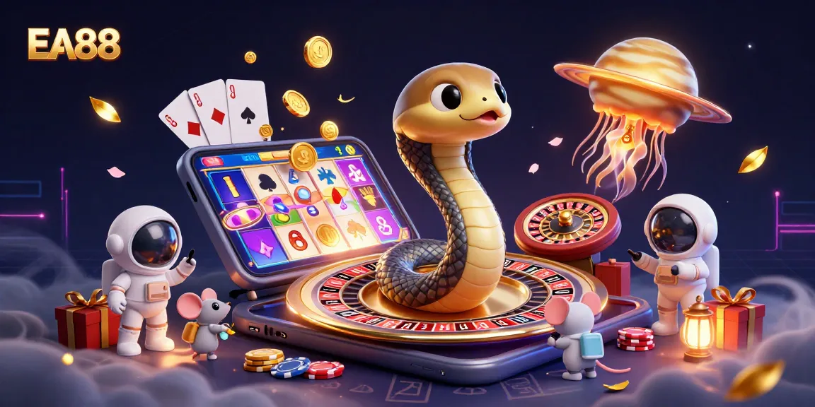 EA88 players engage in thrilling bets with a cosmic dealer in a vibrant 3D gaming illustration.