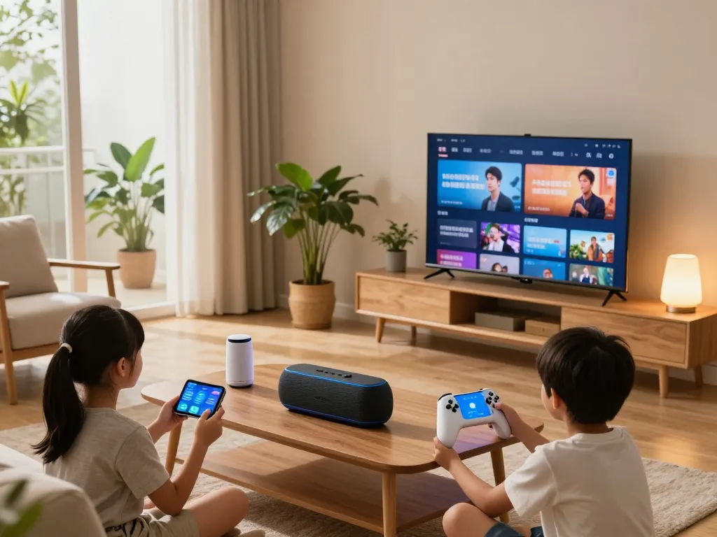 Engaging family relaxing with tech gadgets for home, featuring Bluetooth speakers and smart TV in a cozy living room.