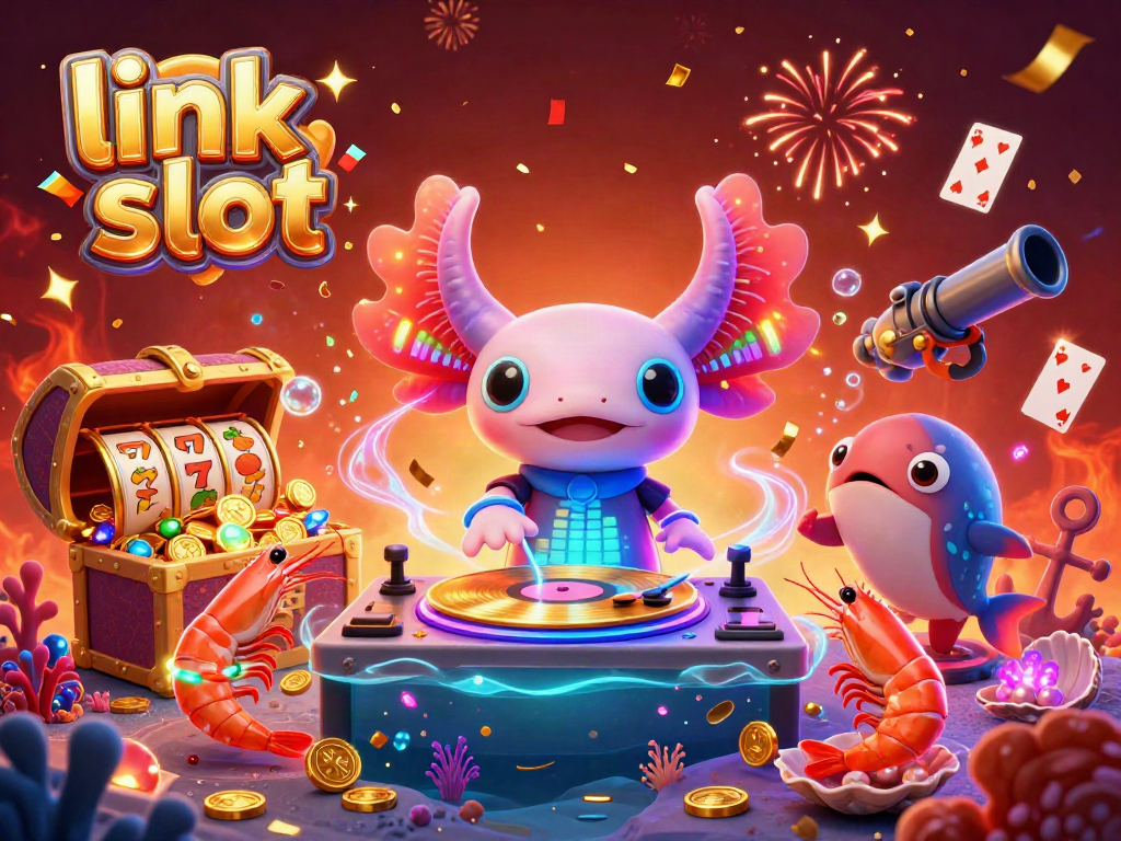 Engage with link slot as axolotl DJ spins golden vinyl, amidst vibrant casino elements.