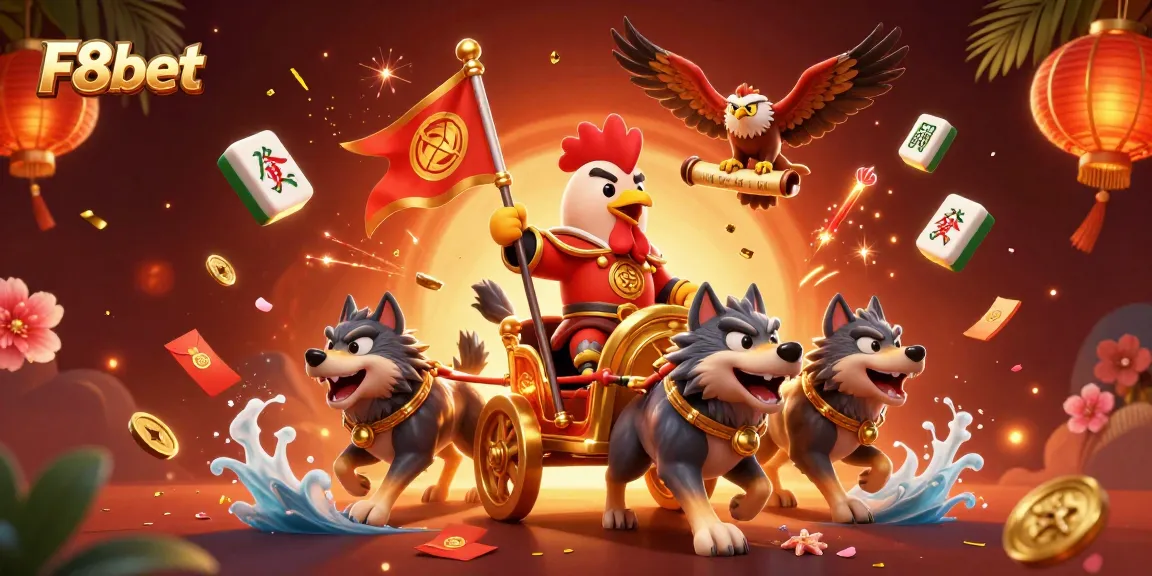Experience thrilling F8bet adventures with a dynamic illustration of a rooster warlord and festive elements.