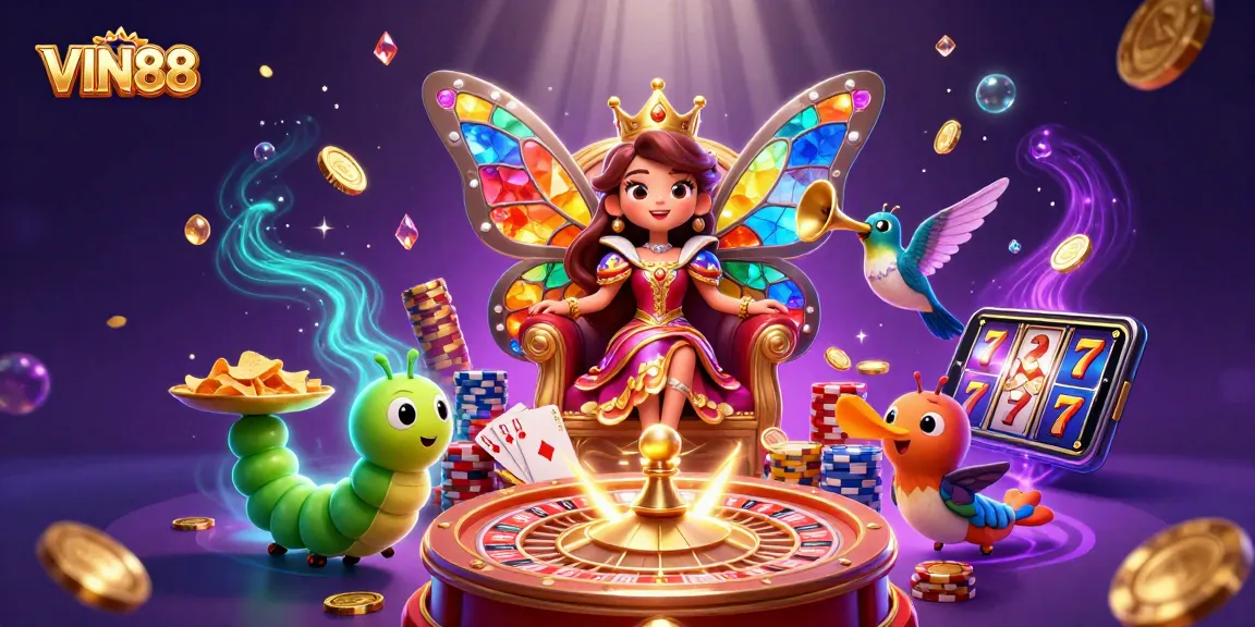 Experience high-stakes excitement with VIN88 as vibrant characters celebrate winning games in a dynamic casino scene.