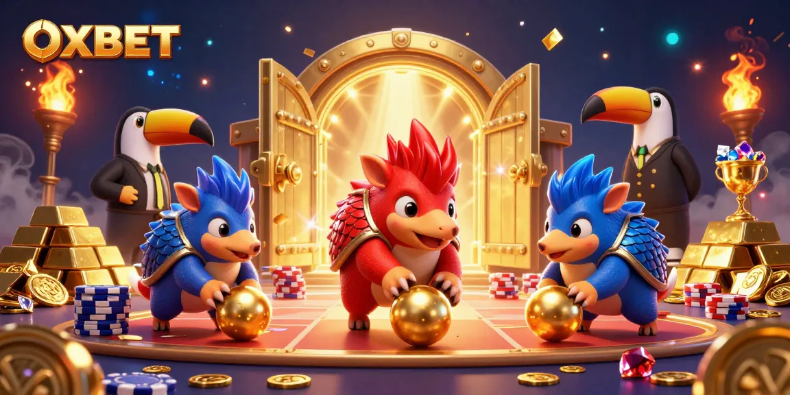 Experience the vibrant gameplay at OXBET with competitive pangolin athletes amidst a treasure-filled casino.