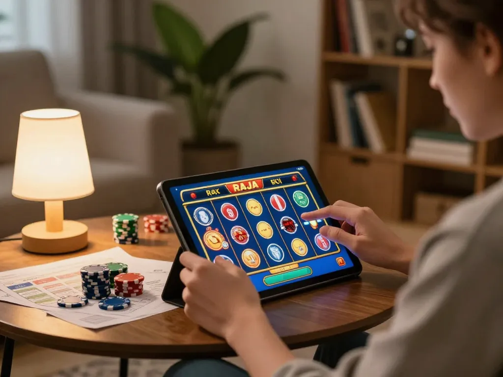 Berinteraksi dengan raja slot di tablet di ruang tamu yang nyaman, menampilkan permainan yang strategis.