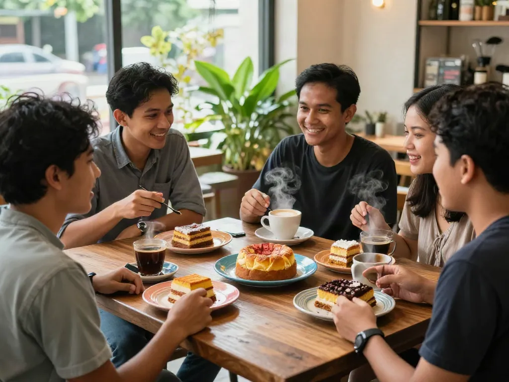 Enjoying ROKOK88 bolu bakar with friends in Bandung café, capturing the essence of rokok88 slot login experience.