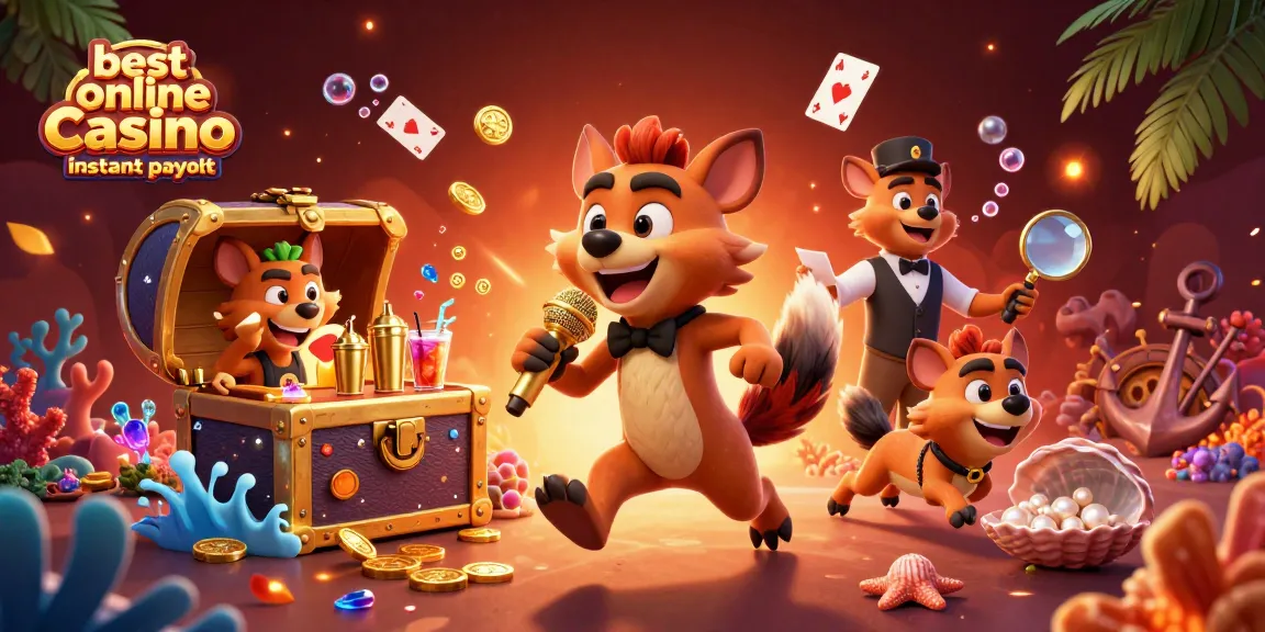 Showcase the best online casino instant payout with vibrant hyena characters in a dynamic casino scene.