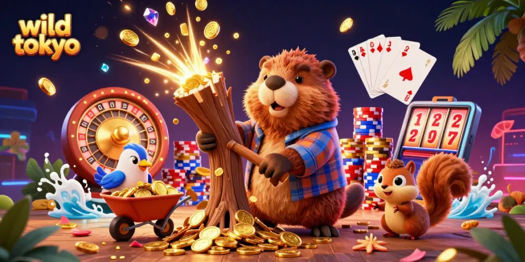 Experience the excitement at wild tokyo, where a beaver collects golden coins in a vibrant casino scene