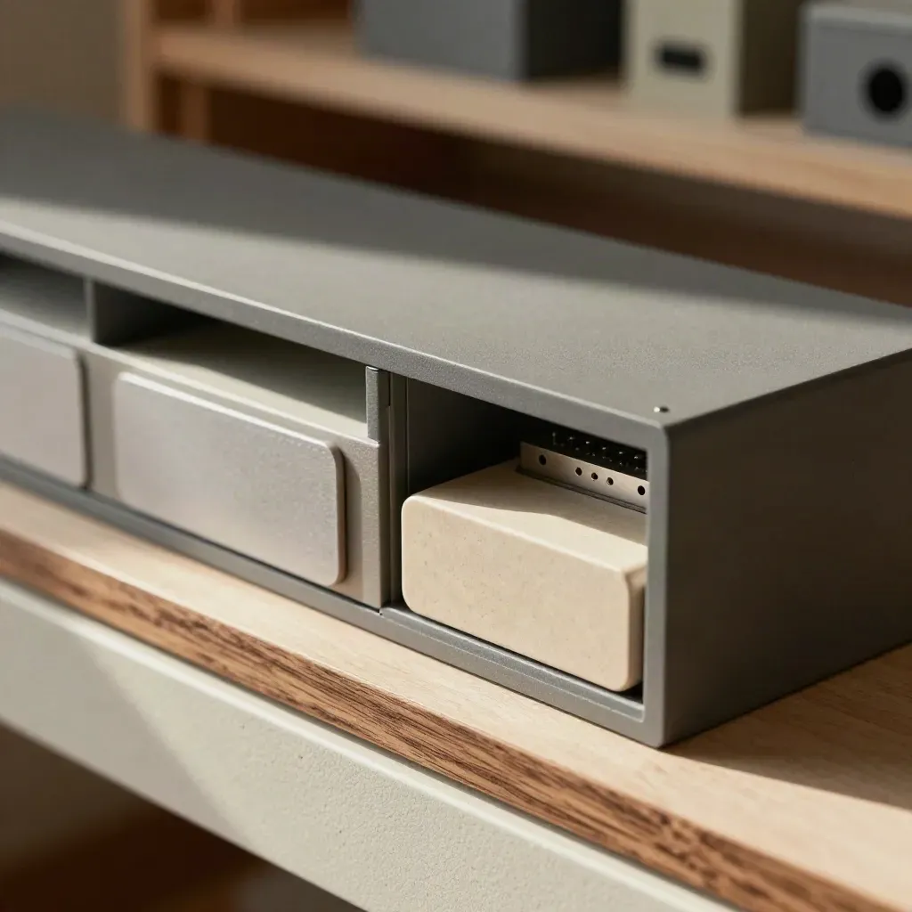 Modulo CMS su misura con cassetti e dock puliti, in stile macro documentario.