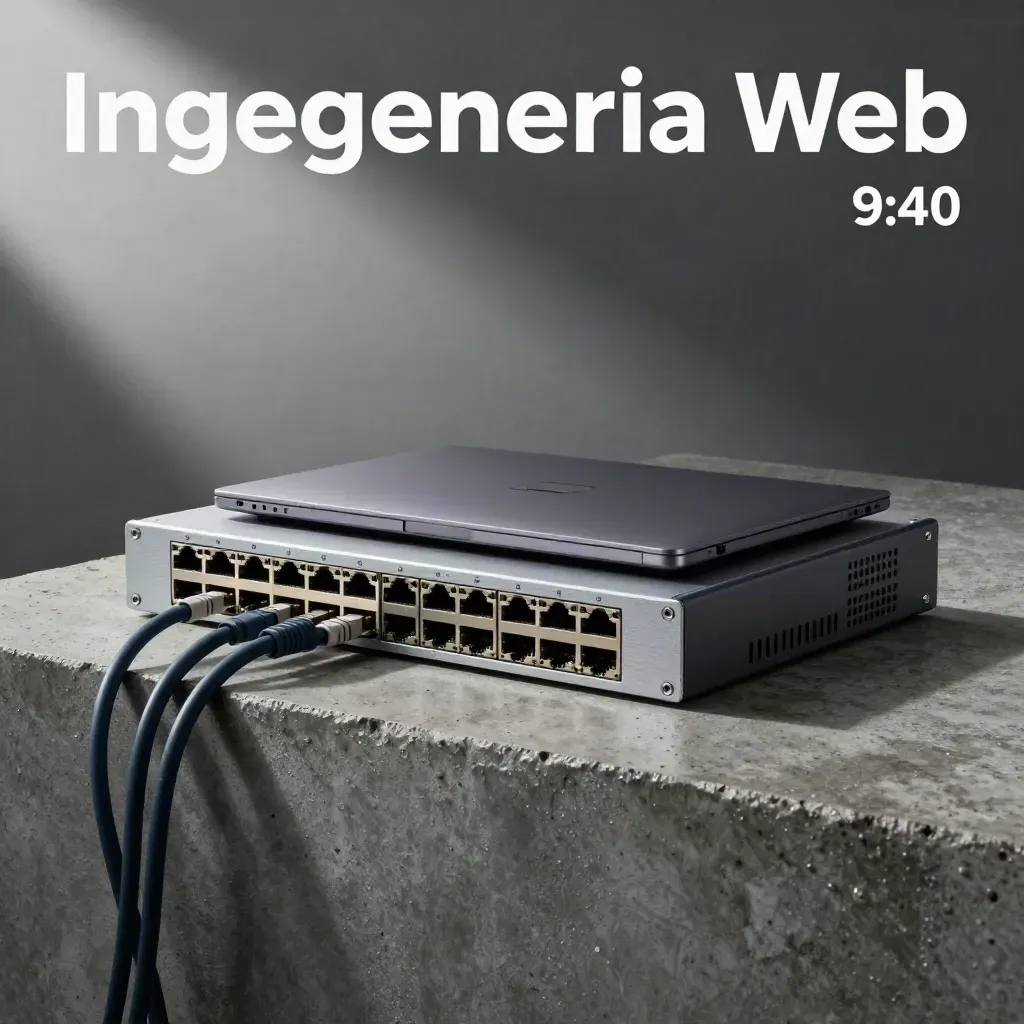 Angolo operativo con rack, laptop chiuso, switch e SSD su plinto in cemento dopo la pioggia.