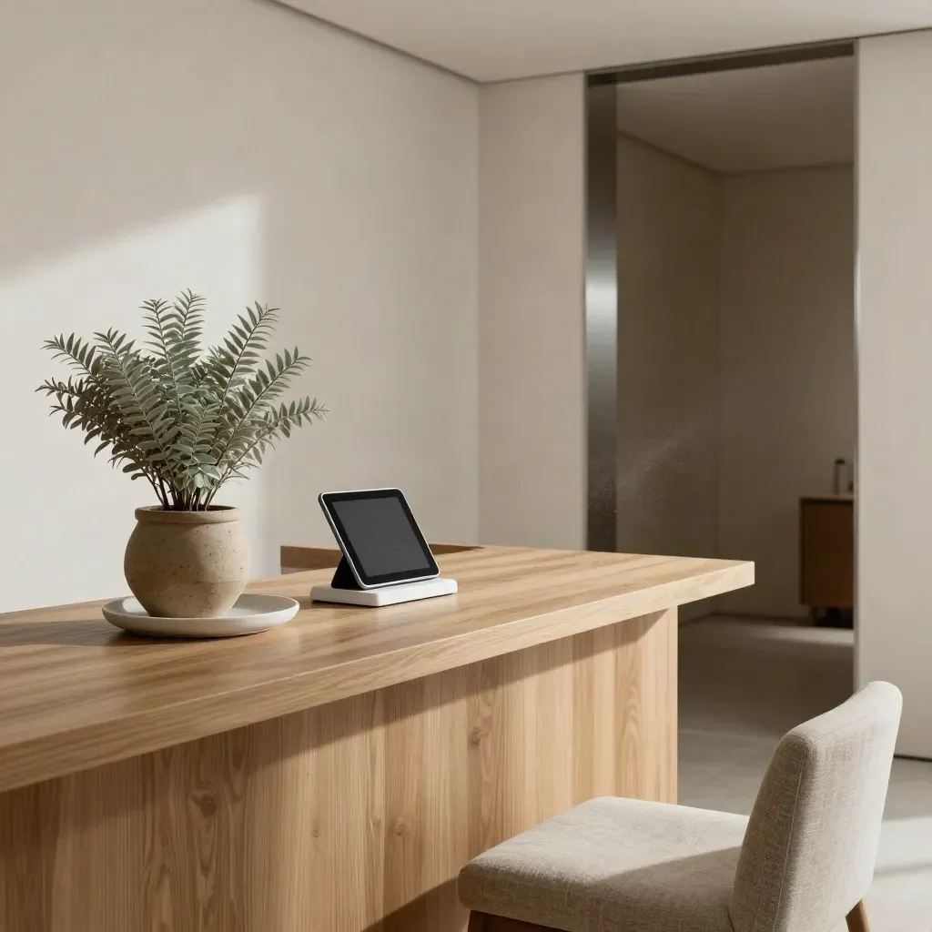 Reception moderna e ordinata con tablet spento, banco in legno chiaro, pianta e sedute vuote.
