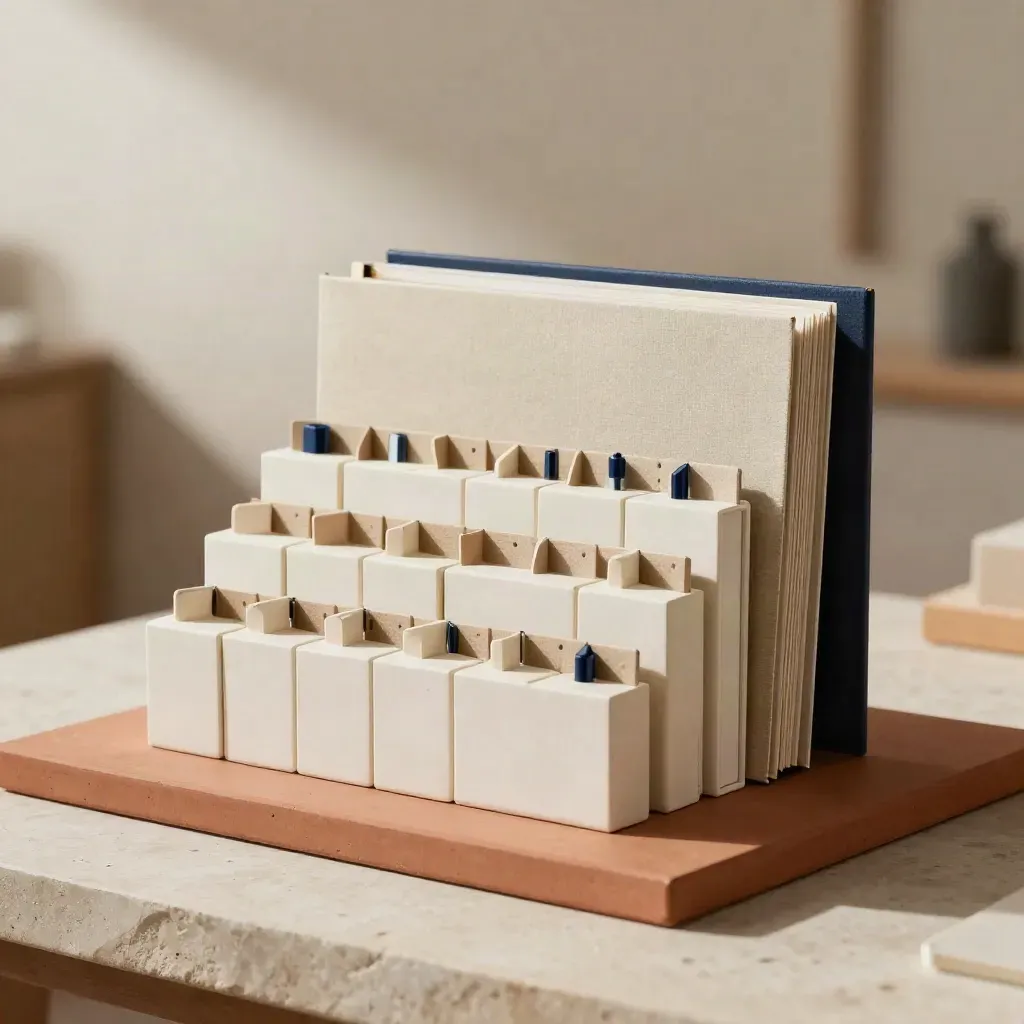 Blocchi neutri e cartelle cieche allineati in gerarchia su una base terracotta, luce morbida