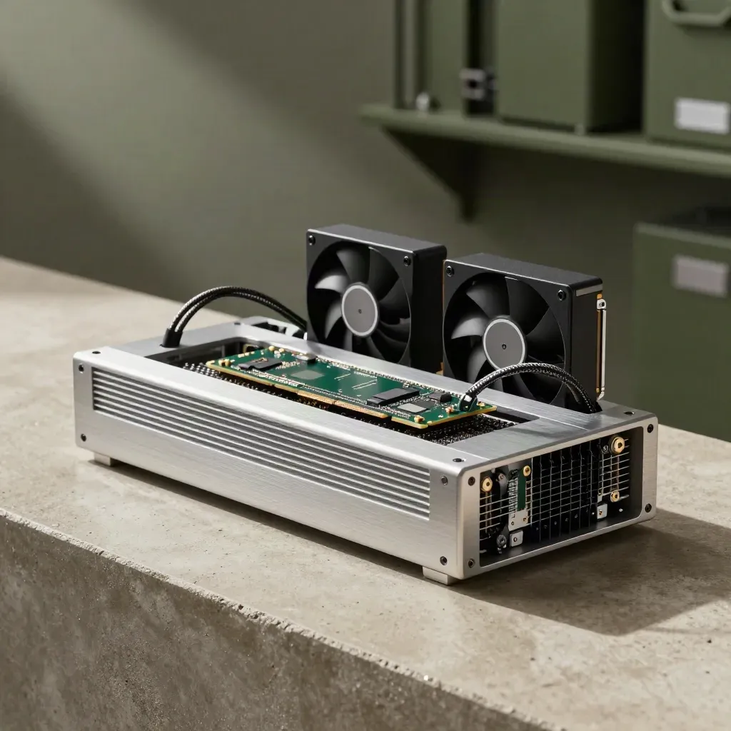 Banco tecnico con dissipatori, SSD e ventole su cemento chiaro, luce radente e atmosfera cinematografica.