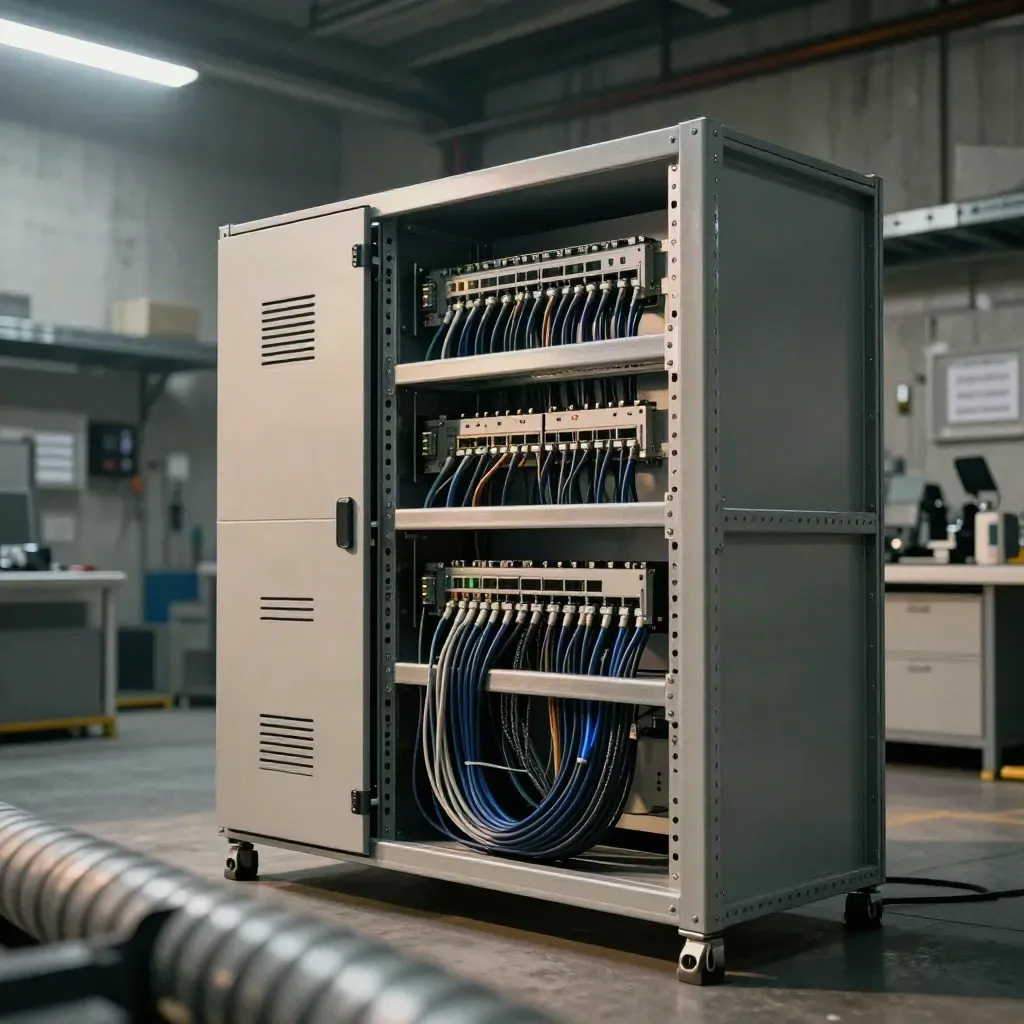 Rack tecnico con gateway e cablaggi ordinati in sala industriale