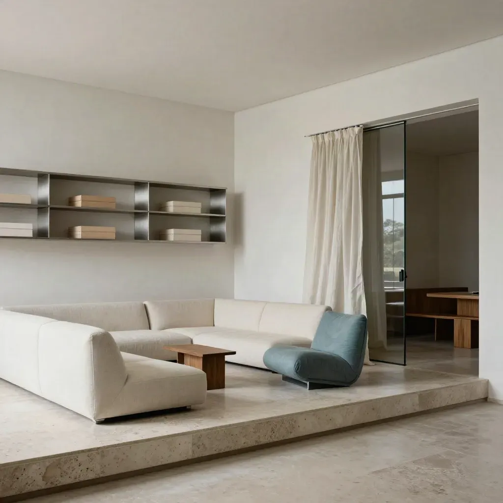 Lounge professionale chiara con poltrona azzurra, tende leggere e passaggio arioso