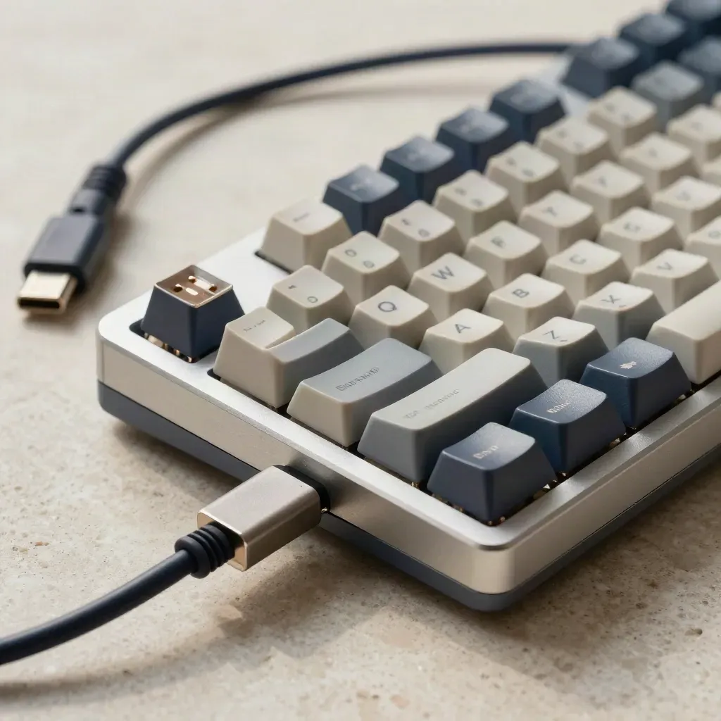Tastiera compatta, trackpad in alluminio e cavo intrecciato su travertino, luce radente.