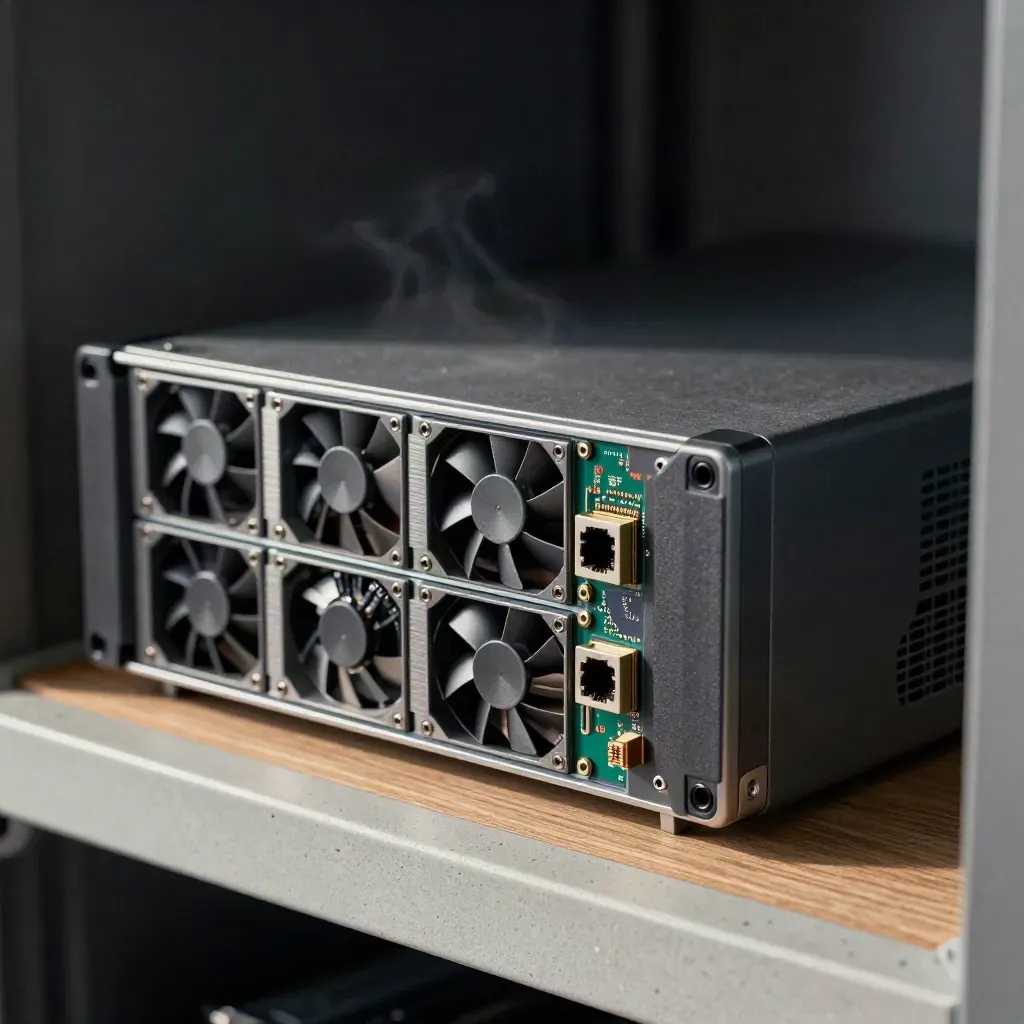 Mini rack server con SSD, adattatori RJ45 e ventole su piano tecnico metallico.