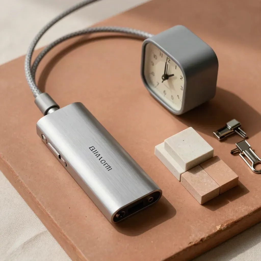 Timer analogico, dock compatto, blocchi magnetici e clip metalliche su superficie terracotta.