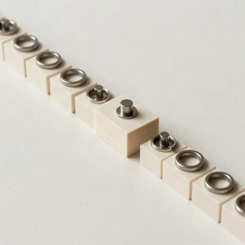 Blocchi modulari, anelli metallici e clip tecnica su fondo chiaro, vista dall’alto.