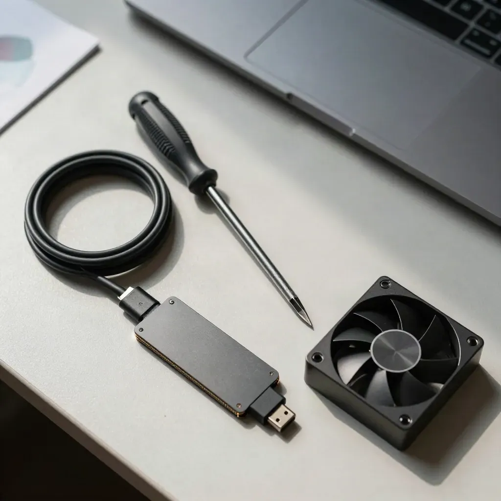 Kit di test web con cacciavite, cavo loopback, SSD e adattatore USB-C su piano chiaro.