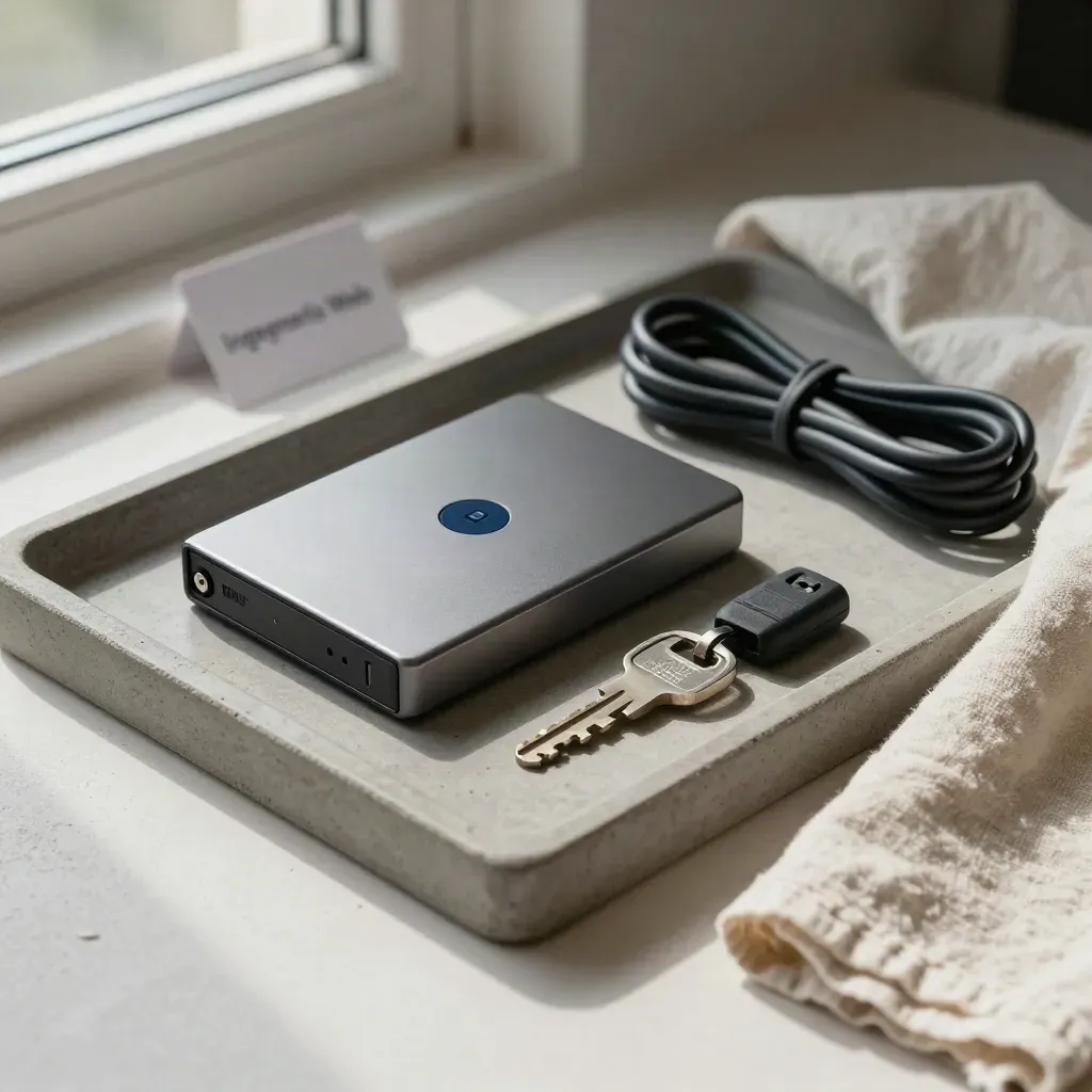 Kit di lancio e manutenzione con drive backup, chiave servizio e cavo di rete su lastra in cemento.