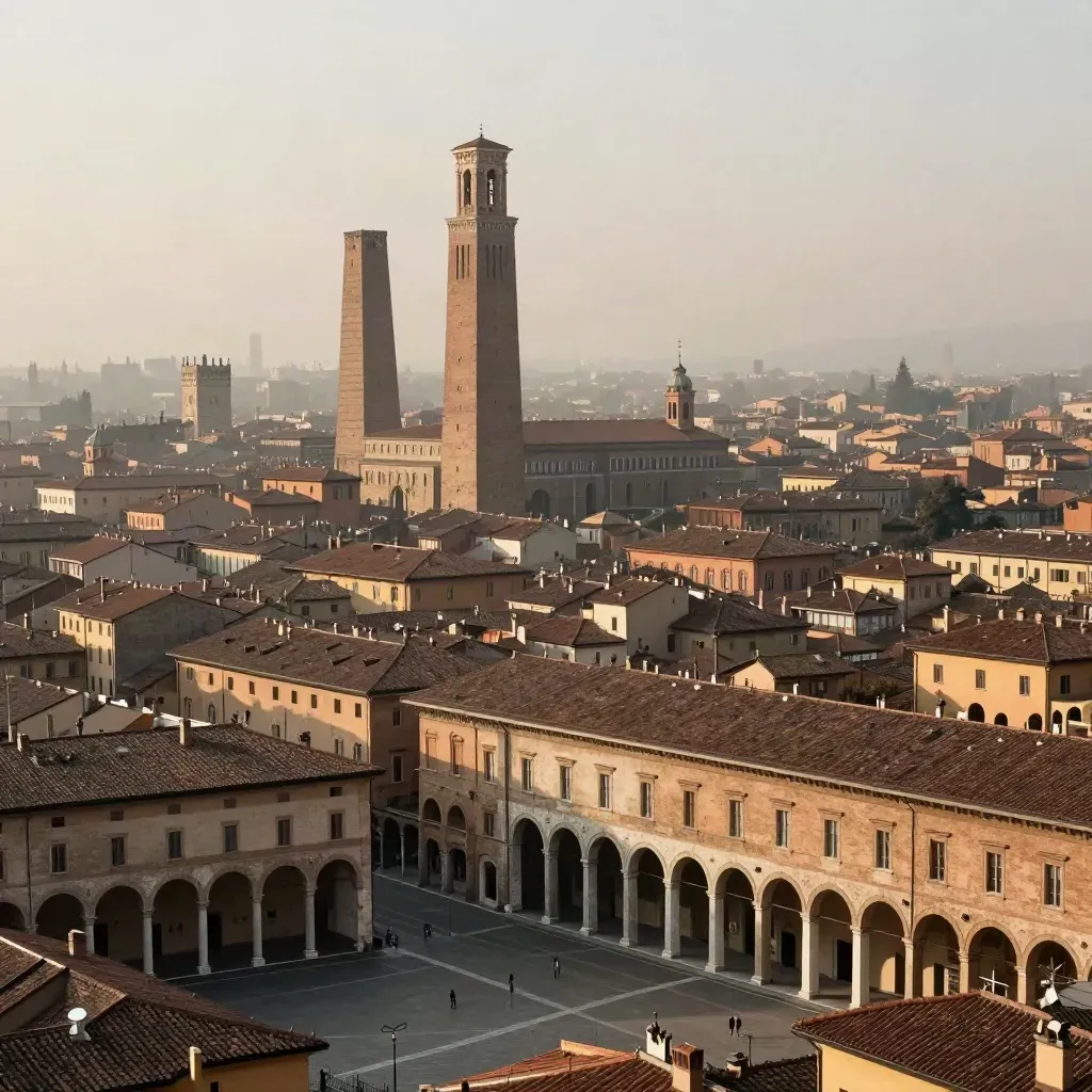 Le Due Torri di Bologna alte nel quadro, portici di pietra e foschia calda sopra Emilia-Romagna.