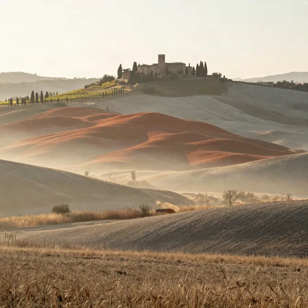 Colline della Val d’Orcia, borgo lontano e nebbia calda, con ampio spazio calmo per il titolo.