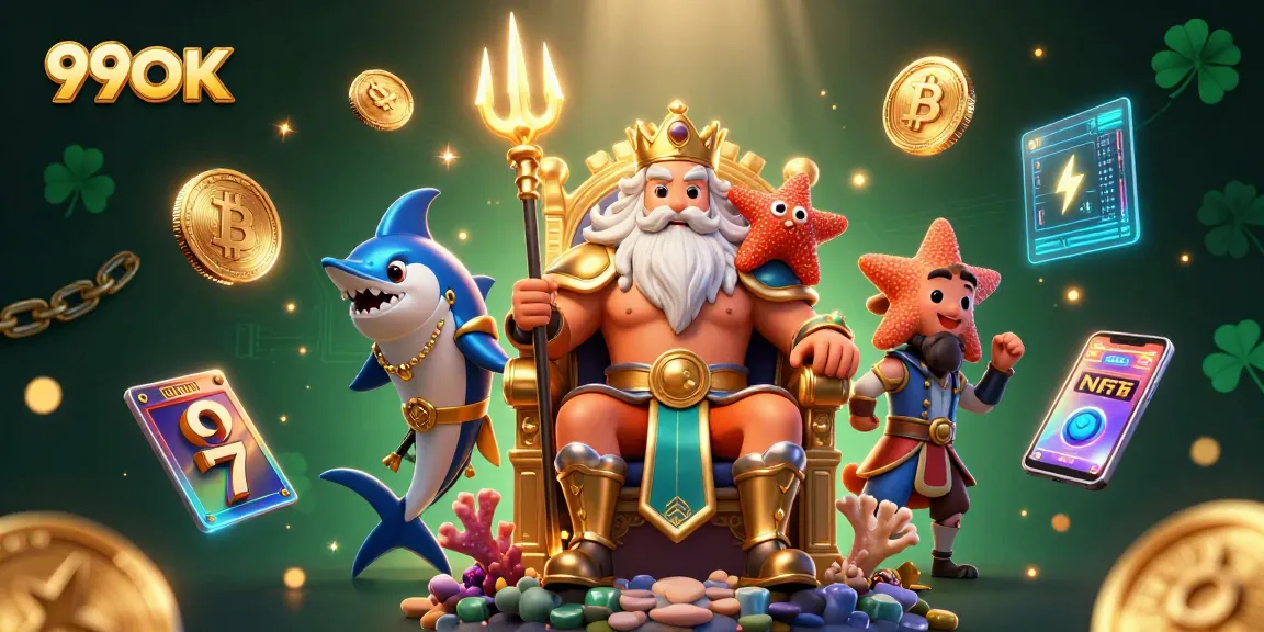Watch 99OK players spin slot reels in this vivid casino illustration with crypto elements.