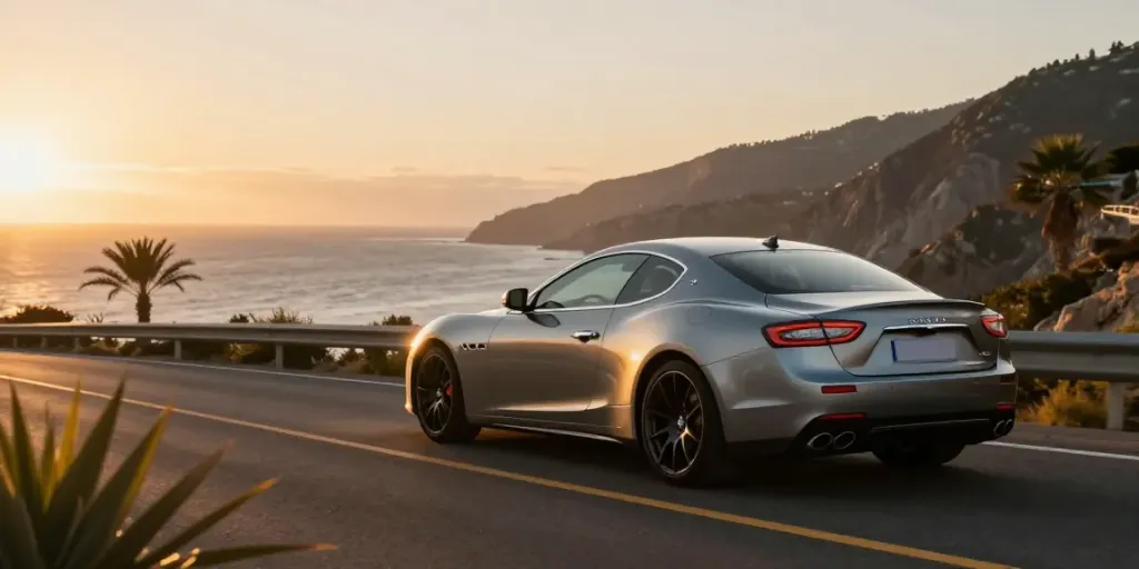 Noleggio lungo termine Maserati su strada costiera al tramonto, auto elegante in un paesaggio panoramico.