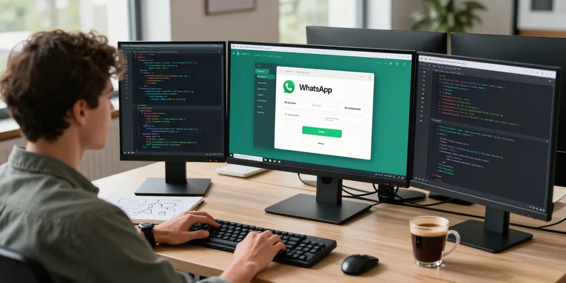 User engaging with WhatsApp網頁版 on a large monitor in a modern tech workspace, showcasing a productive environment with dual screens.