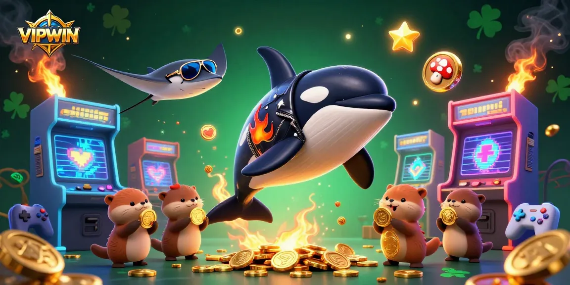 VIPWIN showcases a vibrant scene with a jumping orca, aviator stingray, and otters with coins.