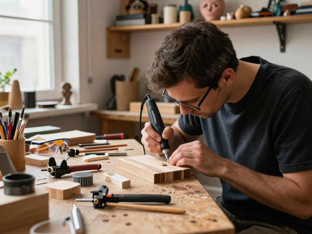 Dremel 8260 in uso da un artigiano per creare opere uniche in legno e metallo all'interno di un laboratorio artigianale.