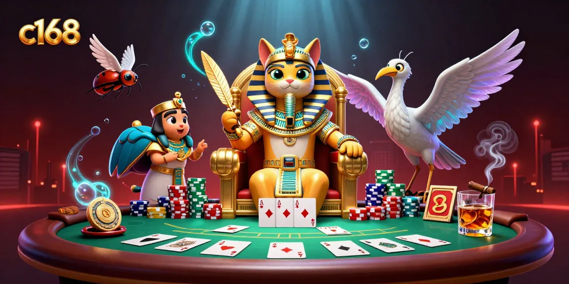 Engage with c168 in a vibrant poker scene featuring a royal pharaoh cat, chips, and cards.