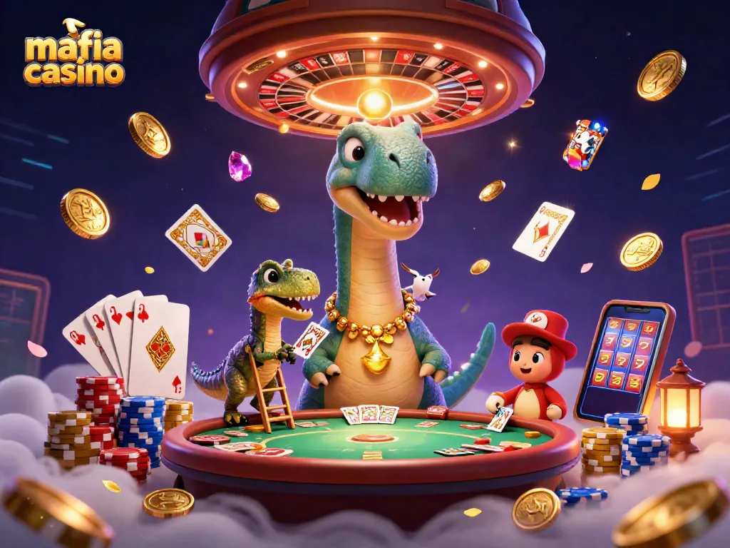 Engage with mafia casino action featuring a 3D scene of vibrant characters and winning elements.