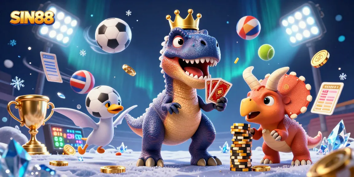 SIN88 promotes thrilling bets with a friendly T-Rex, Pterodactyl, and Triceratops in a vibrant 3D casino.