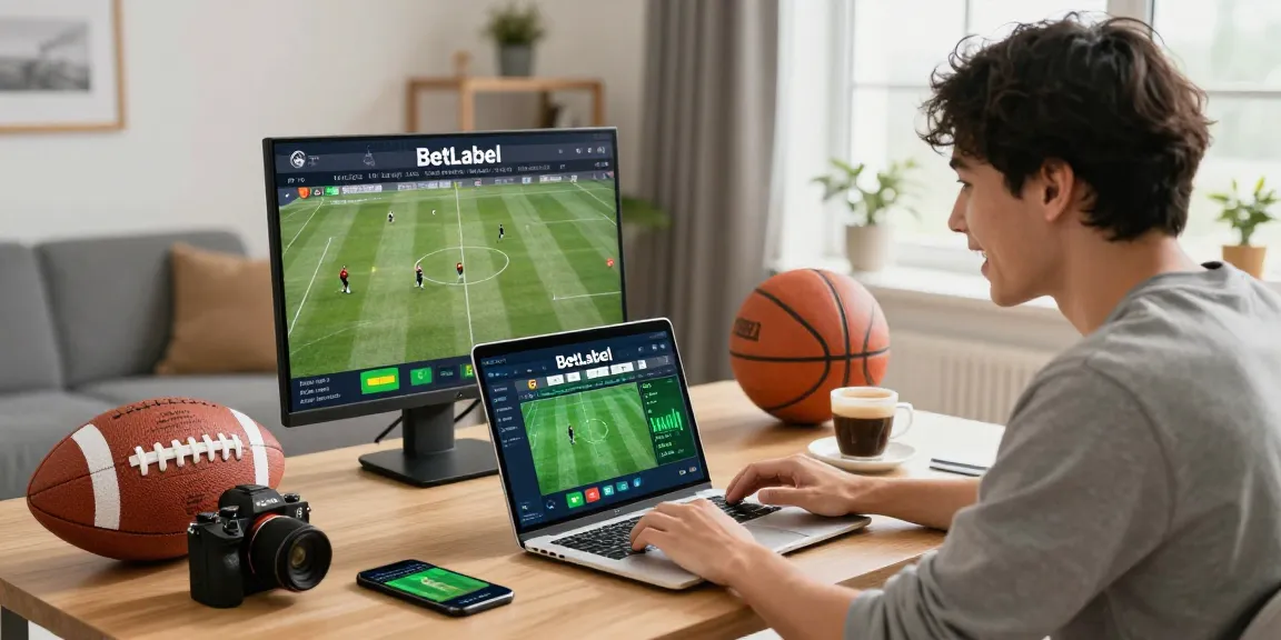 BetLabel login im Home-Office, Nutzer platziert Wette auf Laptop, Sportartikel und helle Atmosphäre
