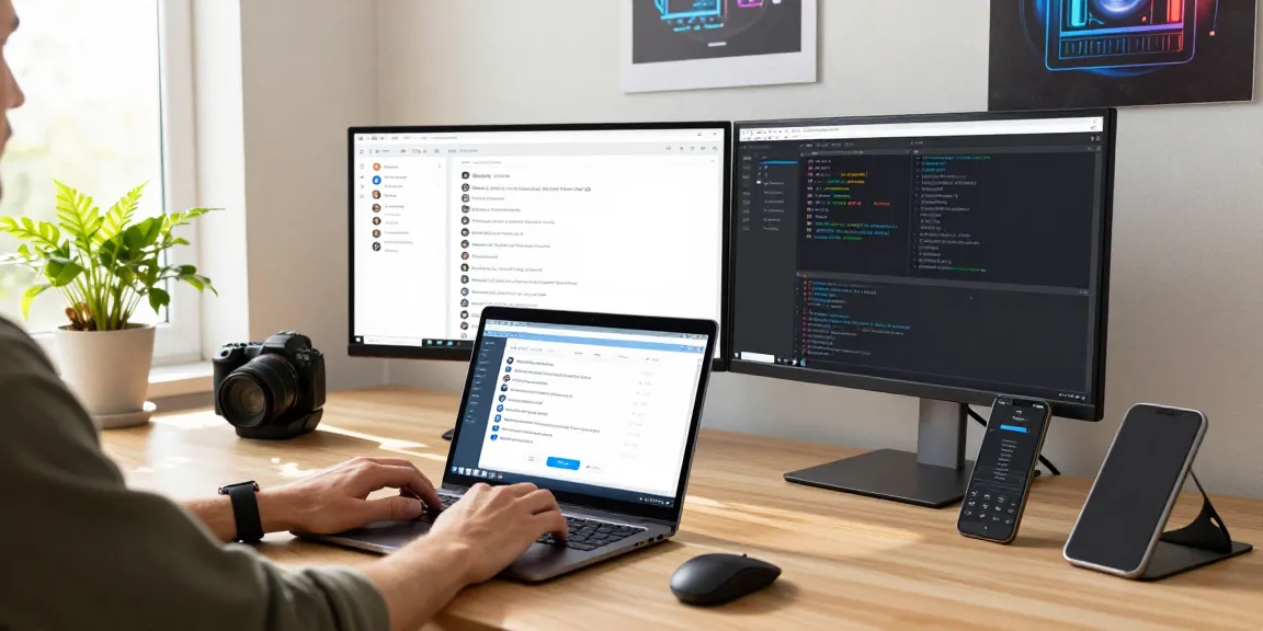 Engaging workspace with individual using Telegram web version on modern laptop amidst tech tools and natural light.